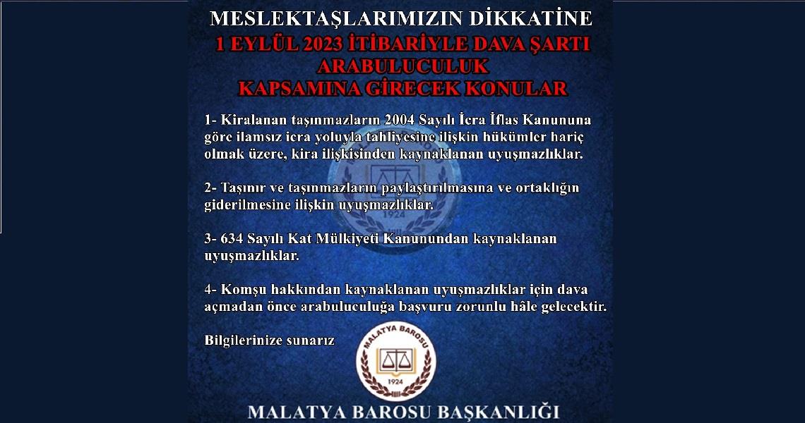 01 EYLÜL 2023 İTİBARİ İLE DAVA ŞARTI ARABULUCULUK KAPSAMINA GİREN KONULAR